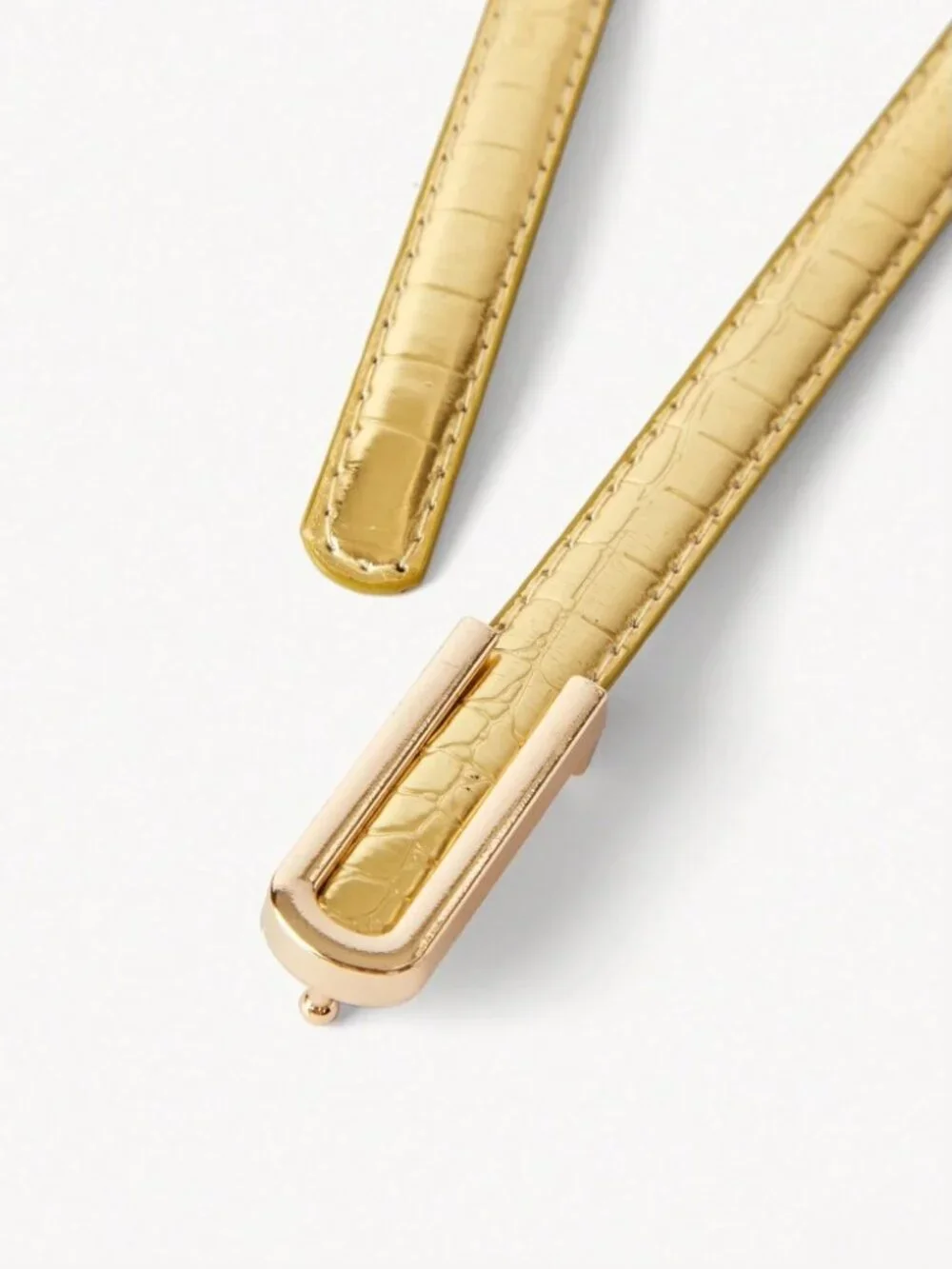 Gold Croc-Embossed Vegan Leather Skinny Belt with Oval Buckle